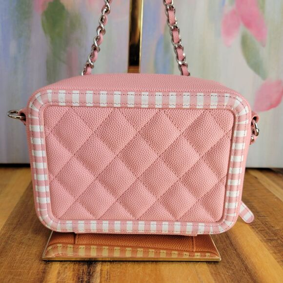 CHANEL Caviar Quilted Striped CC Filigree Clutch With Chain Pink White - Picture 5 of 11